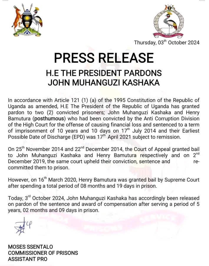 PRESIDENT MUSEVENI PARDONS FORMER CONVICTED PS JOHN MUHANGUI
